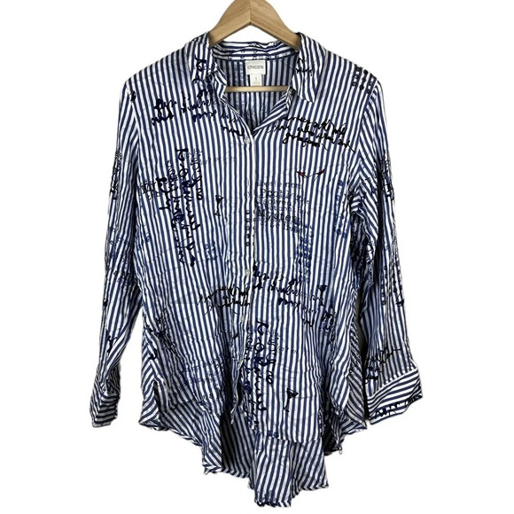 Chico’s • Blue & White Stripe Martini Button Up Conversational Shirt - Picture 2 of 8